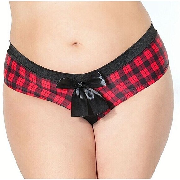 Red Plaid Present Holiday Panty Womens One Size OS Large Ribbon Black Bow - Picture 6 of 9